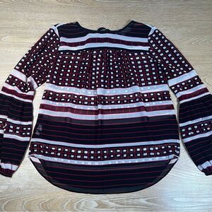 LOFT Black & Red Geometric Blouse XS | Sheer Long Sleeve Top